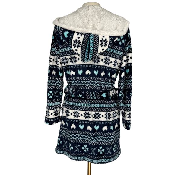 SECRET TRESURES | Blue Fair Isle Print Fleece Holiday Hooded Robe | Junior 4-6 - Picture 2 of 8
